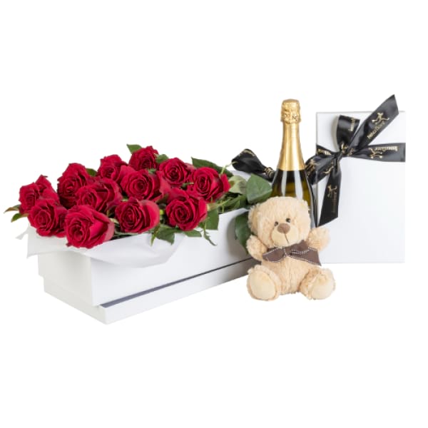 12 Roses, Champagne, Teddy and Boxed Chocolates