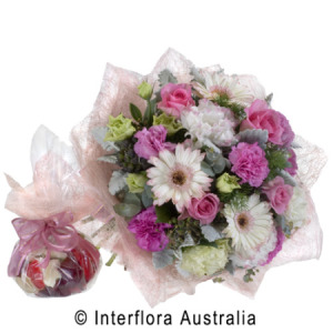 Gift Wrapped Bouquet with Bag of Chocolates